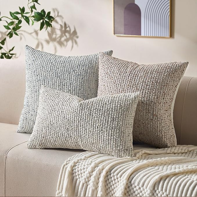 Decorative Couch Throw Pillow Covers 20x20 Set of 2 Cream Gray Striped Soft Wool Pillow Covers Neutral Textured Boho Cushion Covers for Modern Farmhouse Sofa Bedroom Living Room Decor SY012-B20
