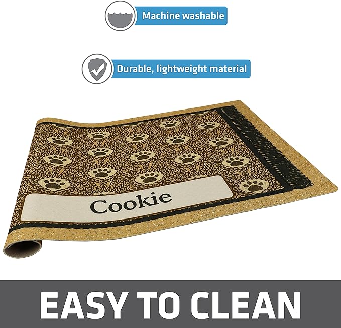 Drymate Personalized Pet Bowl Placemat, Custom Dog & Cat Food Feeding Mat - Absorbent Fabric, Waterproof Backing - Machine Washable/Durable (USA Made) (16" x 28") (Brown Paw Braid)