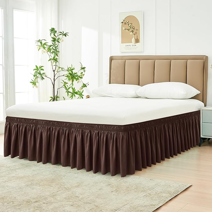 Biscaynebay Wrap Around Bed Skirts for Queen Beds 17" Long Drop, Brown Adjustable Elastic Dust Ruffles Easy Fit Wrinkle & Fade Resistant Silky Luxurious Fabric Solid Machine Washable
