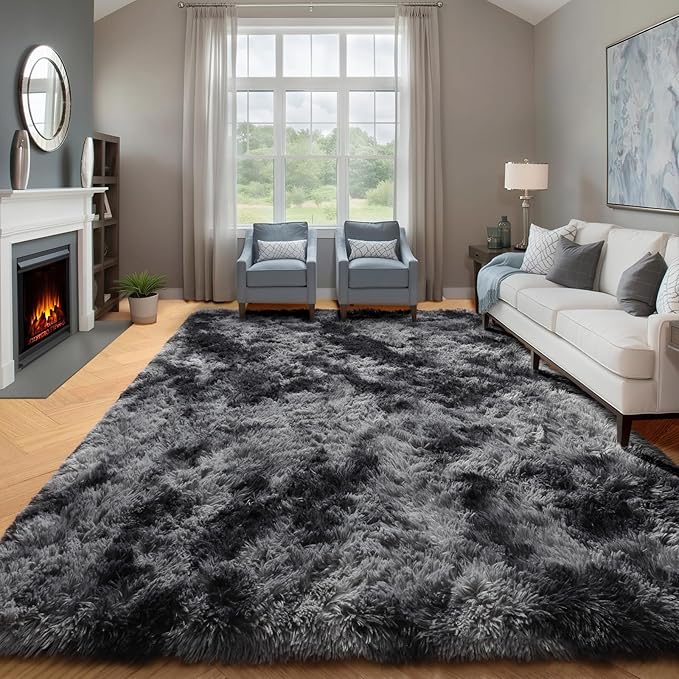 ONASAR 6x9 Area Rugs for Living Room Bedroom, Tie-Dyed Dark Grey Washable Large Fluffy Bedside Throw Rug, Soft Plush Shaggy Fuzzy Floor Carpet for Nursery Kids Girls Boys Teen Dorm Home Decor