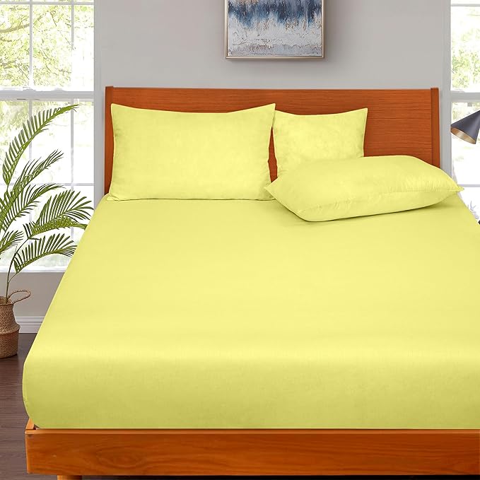 ROYALE LINENS 300 Thread Count 100% Long Staple Combed Cotton Fitted Sheet Queen - Super Soft Deep Pocket Bottom Sheet - Fitted Sheets Only - Elastic Sheets (Queen, Yellow)
