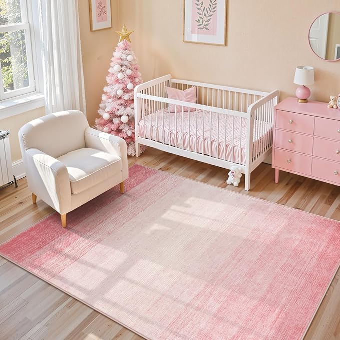 Wonnitar Pink Washable 4x6 Rug, Modern Ombre Rugs for Girls Bedroom, Soft Non-Slip Nursery Area Rug, Contemporary Non-Shed Kids Room Low Pile Throw Carpet for Dorm Playroom Living Room (Pink, 4'x6')