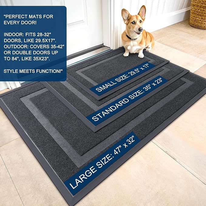 OLANLY Front Door Mat Indoor Outdoor Entrance, Waterproof All-Season, All-Weather Doormat, Sturdy Natural Rubber, Fade Resistant, Low Profile, Easy Clean Patio Porch Entryway Mat, 47x17, Grey