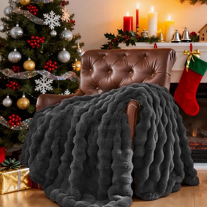 Lotus Karen Queen Size Faux Fur Blanket Dark Gray - Big Bubble Rabbit Fluff Throw for Bed Large Fluffy Fuzzy Cozy Thick Furry Plush Shaggy Blankets 90x90 Inches