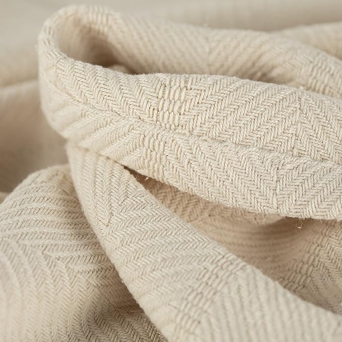 Sticky Toffee Cotton Throw Blanket, 60 x 50 Inch, Ivory Cream Herringbone Weave, Soft Lightweight Woven Blanket for Couch, Boho Farmhouse Style