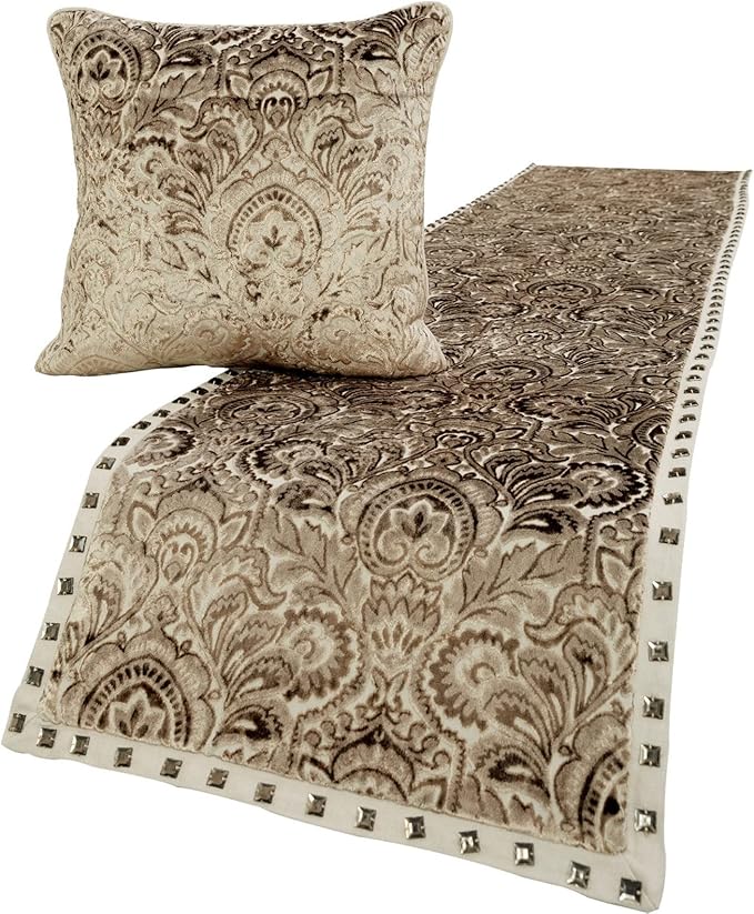 The HomeCentric King/Queen/Twin Beige Decorative Queen 74"x18" Bed Runner with Pillow Cover, Velvet Damask & Crystal Border Bed Scarf on Velvet Fabric - Henriretta