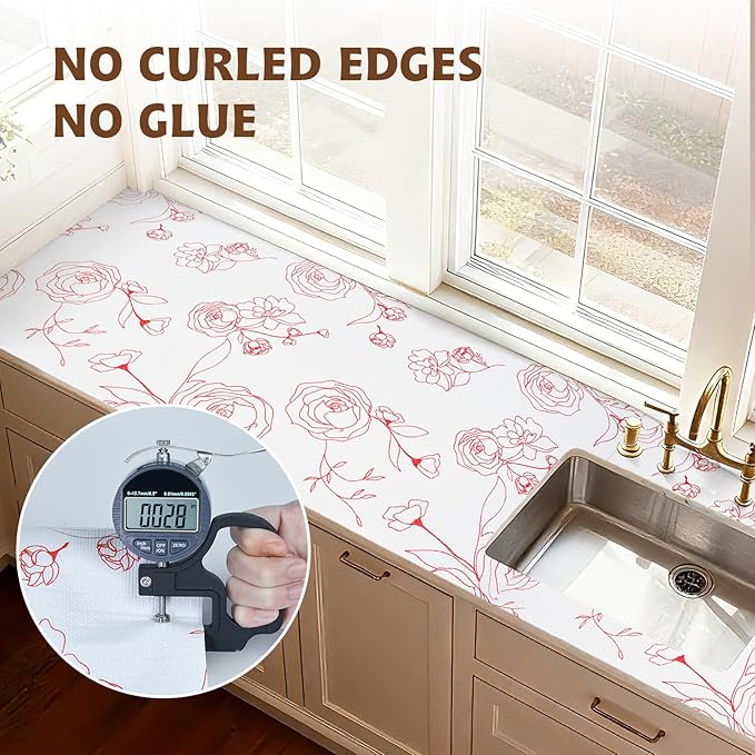 Shelf Liners for Kitchen Cabinets 12in x 20FT Non Adhesive Drawer Liner Red and White Floral Thickened Shelf Liner Paper Strong Non-Slip Easy to Clean for Tool Box with Knife and Tape Measure