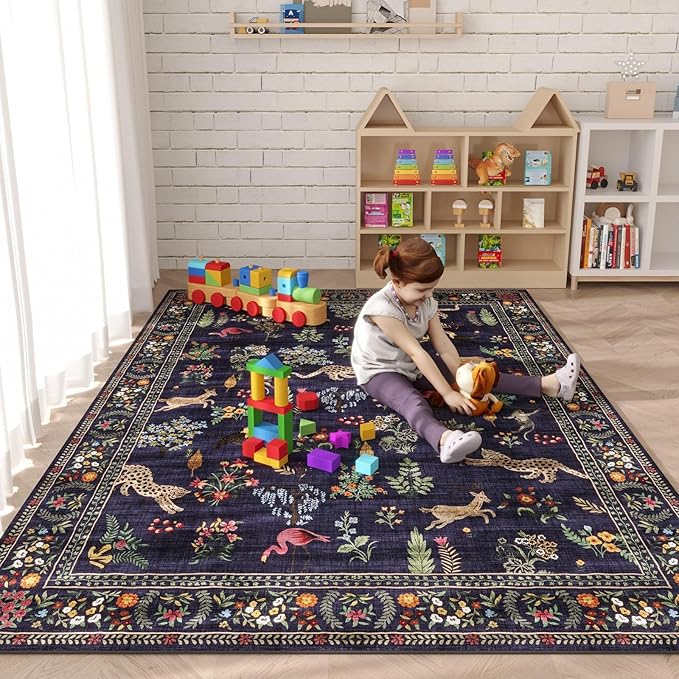 Rugcomf Living Room Rug 6x9 Rug Machine Washable Boho Area Rug Non Slip Floral Animal Vintage Low Pile Large Rug for Living Room, Bedroom, Farmhouse, Dining Room, Kids Playroom (Blue)