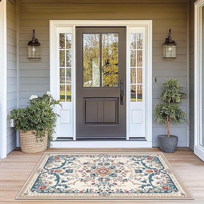 3x5 Boho Entryway Rug Beige Oriental Area Rug Indoor Entrance Non Slip Door Mat Stain Resistant Washable Machine Soft Low Pile Small Carpet Bathroom Kitchen