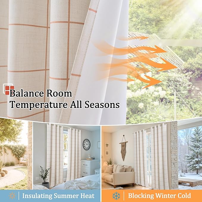 Plaid Patterned Curtains Thermal Insulated - 96 Inches Extra Long Total Linen Blackout Curtains for Living Room, Boho Drapery for Farmhouse Bedroom 52x96 Inch 2 Panels, Terracotta