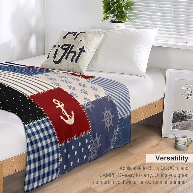 Nautical Blanket Vintage Coastal Rustic Red Blue White Polka Dot Stripe Anchor Patchwork Soft Cozy Lightweight Throw Blanket for Women Men Bedroom Living Room Dorm Chair Sofa Travel 70x80in