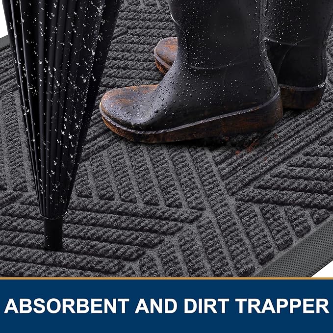 Smiry Front Door Mat Outside Entrance, Heavy Duty Sturdy Natural Rubber Doormat, Trap Dirt and Moisture, Easy Clean Low Profile Mats for Indoor Outdoor Entry, Irregular Triangle (59x35, Medium Grey)