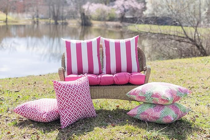 RSH DECOR: Square Throw Pillows Set of 2 | 17” x 17” | All-Weather Spun Fabric | Water and Fade-Resistant | Outdoor Accent Pillows for Patio Furniture | Classic Pink Stripe