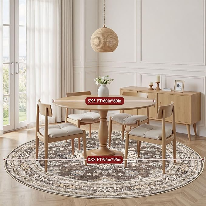 8ft Round Vintage Living Room Area Rug - 8x8 Large Soft Washable Oriental Traditional Distressed Farmhouse Rugs for Bedroom - Indoor Floor Accent Carpet for Home Office House Decor - Dark Brown
