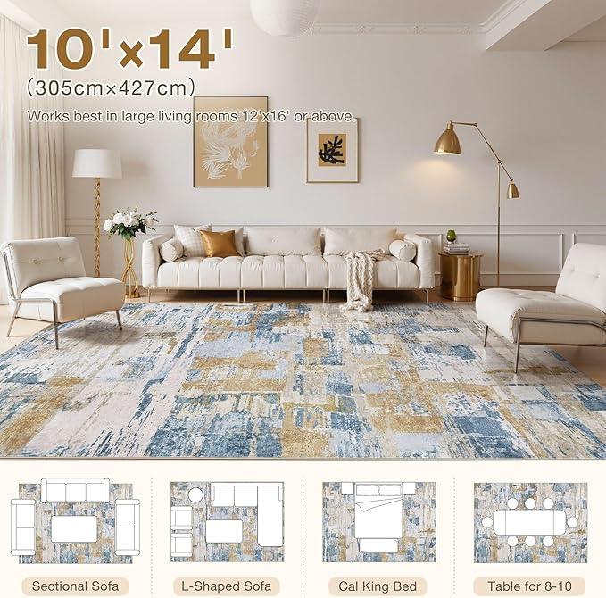 Abstract Living Room Rug 10x14 - Modern Washable Soft Thin Area Rug for Living Room Bedroom Under Dining Table - Neutral Indoor Floor Rug Carpets for Home Office Playroom Nursery - Blue Gold
