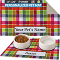 Drymate Personalized Pet Bowl Placemat, Custom Dog & Cat Food Feeding Mat - Absorbent Fabric, Waterproof Backing - Machine Washable/Durable (USA Made) (12" x 20") (Pink Plaid)
