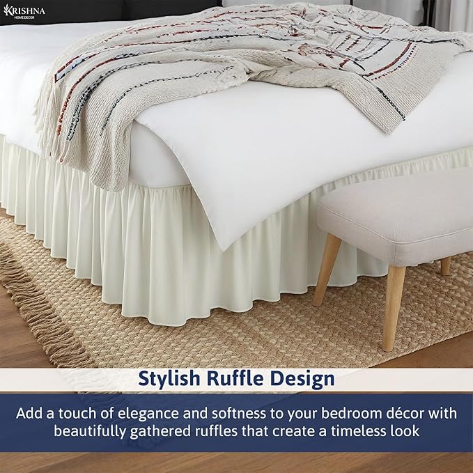 KRISHNA Ruffled Bed Skirt with Split Corners King, 100% Microfiber Hotel Quality, 21 Inch Drop Dust Ruffle Gathered Bedskirt with Platform, 78" x 80", Ivory