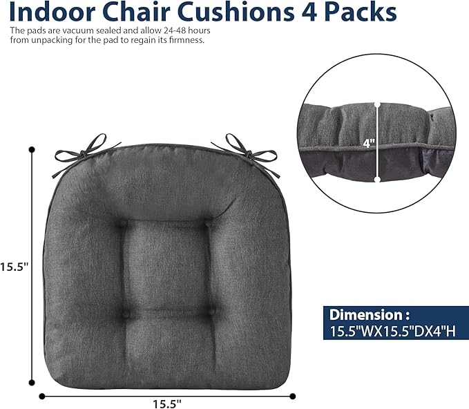 Chair Cushions for Dining Chairs, Seat Cushions for Kitchen Chairs, Indoor Seat Cushions with Ties, Tufted Foam Chair Pads, Non Slip Chair Cushions Set of 4, 15.5" x 15.5" x 4", Dark Grey