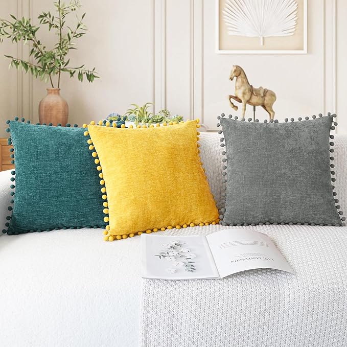 CaliTime Throw Pillow Covers Decorative 18 X 18 Inches Pack of 2 Cozy Solid Dyed Soft Chenille Cushion Cases with Pom Poms for Couch Sofa Bed Living Room Home Teal