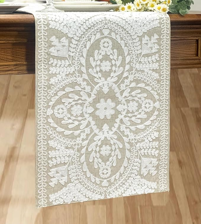 KEVA Boho Table Runner 91inches Long, Farmhouse Rustic Vintage White Embroidered Table Runners 13x91 Inch for Dining Table Decorations