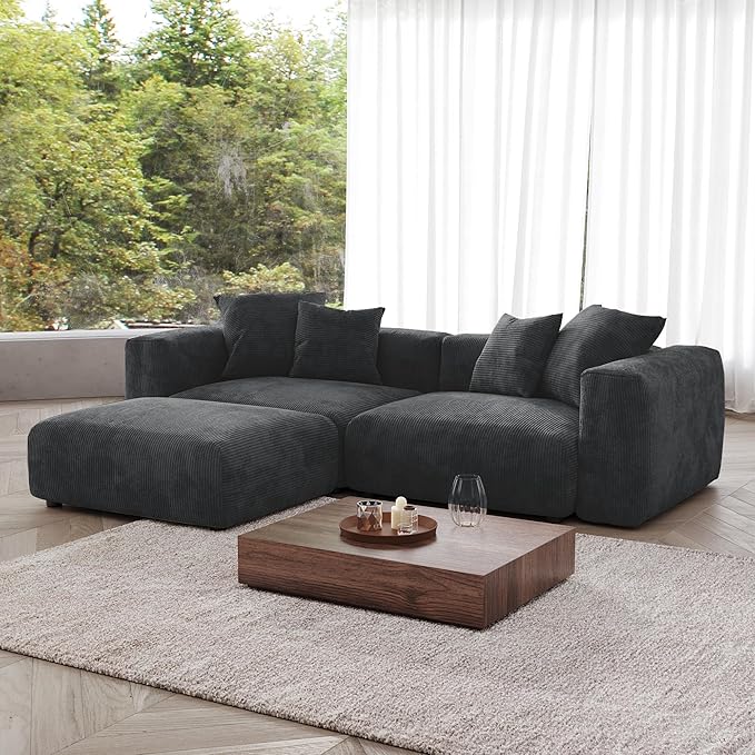JACH Modular Sectional Couch Sofa with 4 Pillows, Modern Minimalist Sectional Couch with Ottoman, Cushion Covers Removable, Huge Plus Love Seat Sofas Couches for Living Room, Office (Black)