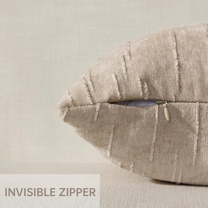 Set of 2 Soft Textured Throw Pillow Covers 18x18,Invisible Zipper Neutral Cushion Cases, Easy - Care Decorative Farmhouse Home Decor for Living Room Couch (Khaki, 18" x 18" (Pack of 2))