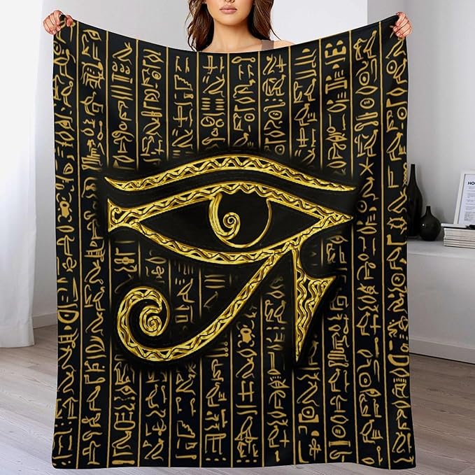 Ancient Egyptian Blanket, Egyptian Eye of Horus Ancient Culture Golden Egyptian Hieroglyphs Alphabet Print Blankets for Couch Sofa Bed Boys Mens, 60"x80"