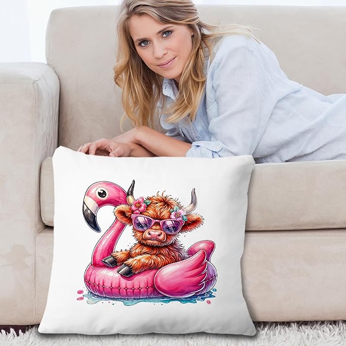 Funny Summer Heifer Cow Flamingo Pillow Covers 18x18, Cow Decorations for Home, Hot Pink Tropical Flamingo Western Cows Throw Pillow Covers for Couch Bed Home Bedroom Living Room