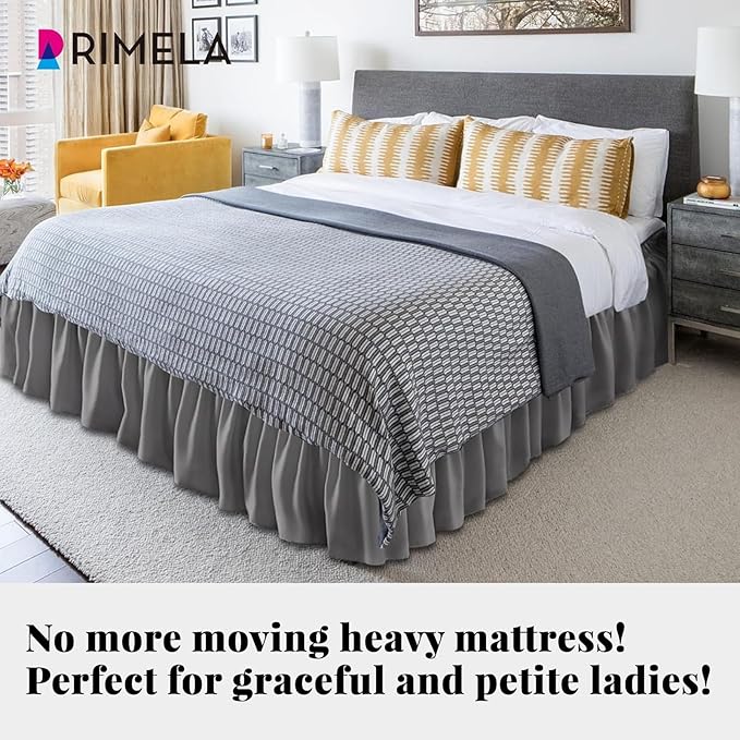 RIMELA Light Grey Bed Skirt Queen Size 21 Inch Drop, Elastic Bed Skirting for Bed Base and Frame, Bedding Dust Ruffle Easy to Install, Lightweight Wrap Around Adjustable Bedskirt
