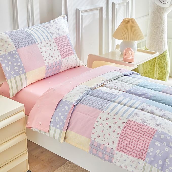 Joyreap 4 Piece Cotton Toddler Bedding Set- Colorful Flowers Patchwork Design, Toddler Comforter Set for Girls, Includes Quilted Comforter, Fitted Sheet, Top Sheet, and Pillow Case
