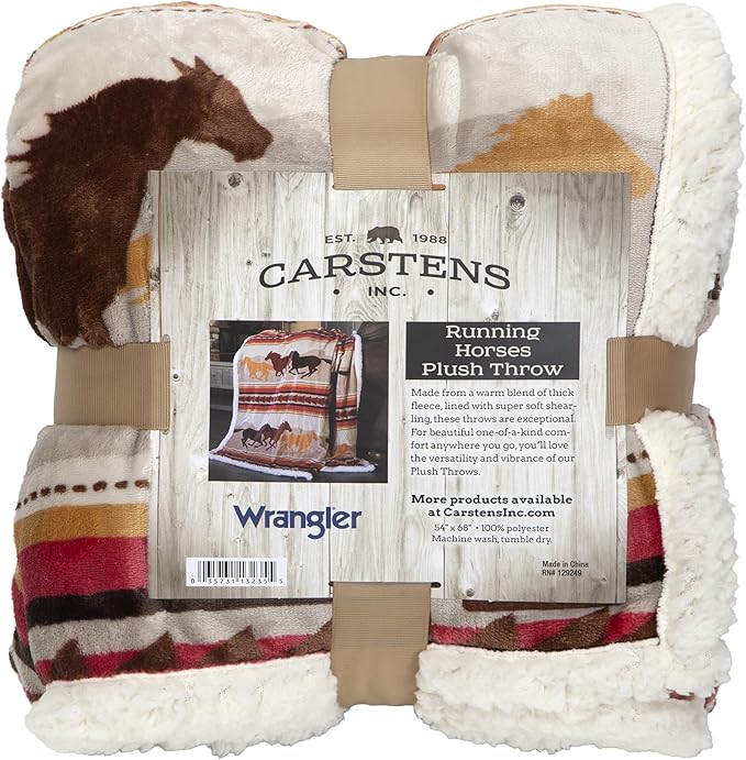 CARSTENS, INC. Wrangler Ultra Premium Super Soft Plush Sherpa Fleece Oversized Throw Blanket 54" x 68", Running Horses