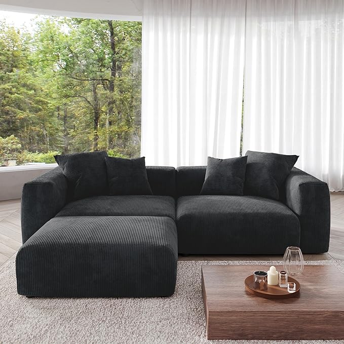 JACH Modular Sectional Couch Sofa with 4 Pillows, Modern Minimalist Sectional Couch with Ottoman, Cushion Covers Removable, Huge Plus Love Seat Sofas Couches for Living Room, Office (Black)