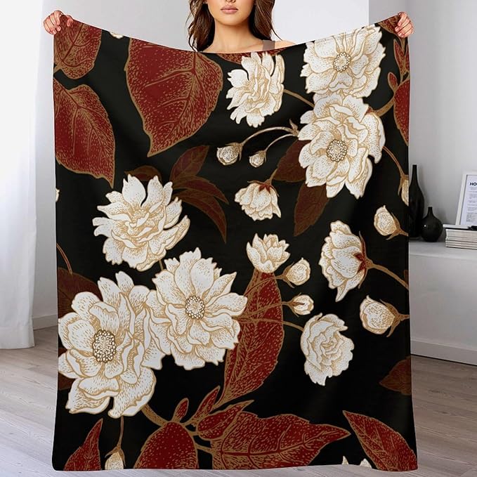 Red Gold Floral Blanket, Boho Dark Flower Leaves Chinese Plum Blossoms Botanical Vintage Throw Blanket for Bed Living Room Bedding Couch Soft Lightweight Warm Cozy Decor, 60"x80"