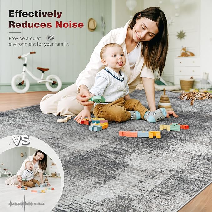 5x7 Area Rugs for Living Room: Washable Rug Modern Abstract Neutral Soft Rugs Non-Slip Low-Pile Indoor Floor Carpet for Bedroom Dining Room Nursery (Grey, 5'x7')