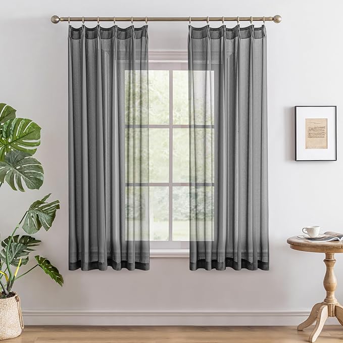 MAIHER Pinch Pleat Curtains 63 Inches Long Light Filtering Grey Sheer Curtain Panels Soft Touch Pleated Drapes with Adjustable Hooks for Bedroom, Grey, 42" W x 63" L, 2 Panels
