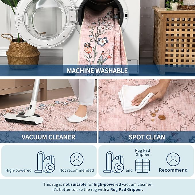 GarveeHome 2x6 Washable Floral Runner Rugs for Hallway: Modern Floral Non Slip Large Runner Rugs for Kitchen, Large Machine Washable Hallways Low Pile Carpet with Non-Slip Backing Pink 2 ft x6 ft.