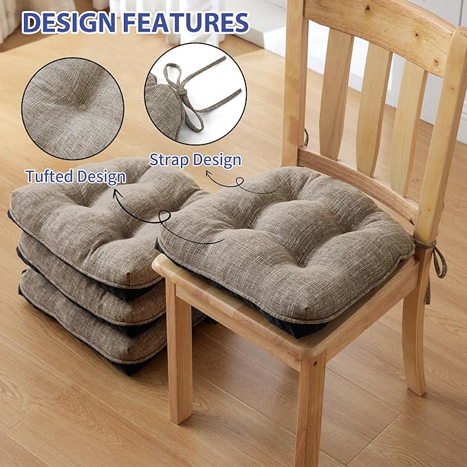 Chair Cushions for Dining Chairs Set of 4, Kitchen Chair Cushions, Chair Pads with Ties and Non Slip Backing, Tufted Memory Foam Seat Cushion 4 Pack, 18" x 18" x 4", Khaki