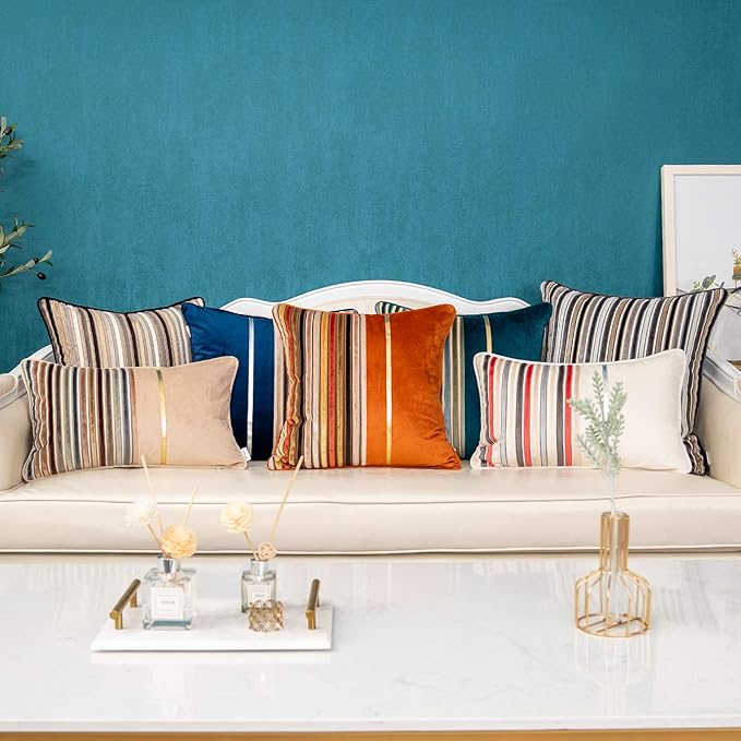 Yangest Blue Striped Throw Pillow Cover Multicolor Velvet Cushion Cover Modern Bohemian Pillowcase for Sofa Couch Bedroom Living Room Home Christmas Decoration,20x20 Inch