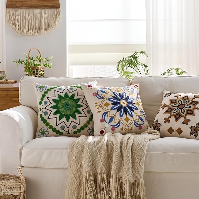Embroidered Throw Pillow Cover 20x20 Classic Boho Floral Pattern Pillows Cover Outdoor Decorative Pillowcase,Durable Cozy Textured Cushion Case for Sofa Couch Bed Living Room,Green