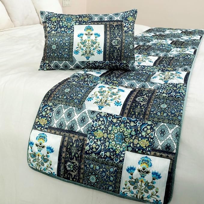 The HomeCentric King/Queen/Twin Blue Designer Full 68"x18" Bed Runner with Pillow Cover, Perrsian Pattern & Quilted Bed Scarf on Satin Fabric - Bahar