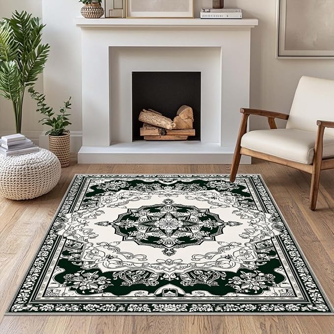 4x6 Traditional Oriental Area Rug Black White Dark Green Rug Non Slip Low Pile Large Carpet for Home Kitchen Living Room Bedroom Dining Room Office