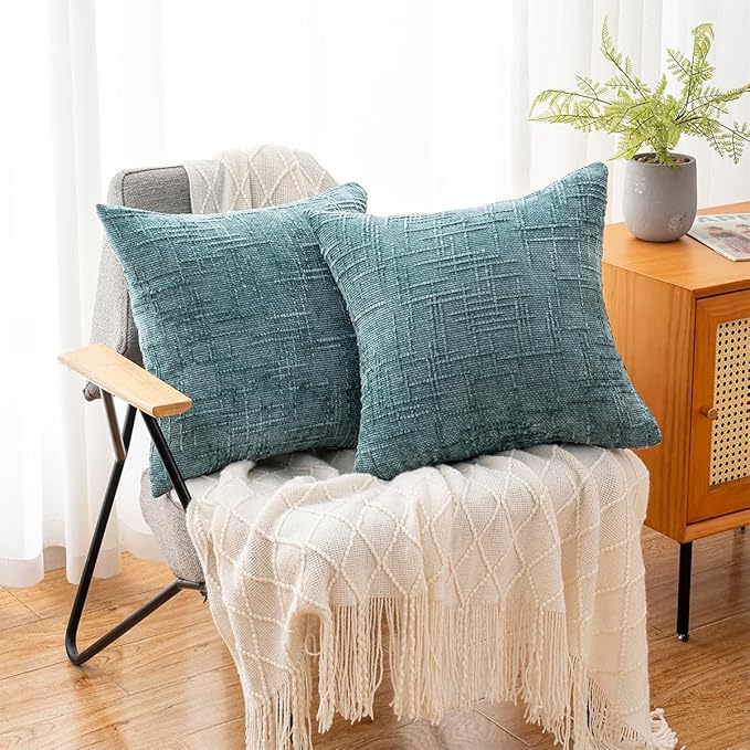 Decorative Throw Pillow Covers 20x20 Inch Set of 2, Soft Solid Farmhouse Chenille Couch Pillows, Spring Pillow Covers for Couch Sofa Bed Living Room Home Decor Pillowcase, Teal