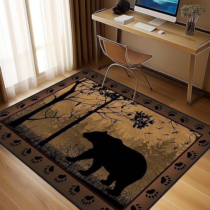 Rustic Area Rug 5x7,Bear Country Cabin Wildlife,Brown Rugs for Living Room,Ultra-Thin Washable Throw Carpet Indoor Vintage Rugs Non Slip Accent Floor Mats for Bedroom,Dining Room,Laundry Room,Office