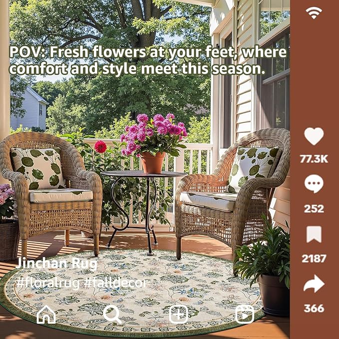 jinchan Elora 8ft Floral Round Rug for Washable Living Room Rug Vintage Romance Christmas Design Non Slip Indoor Floor Cover Lightweight Low-Profile Throw Carpet for Porch Patio, Green/Beige