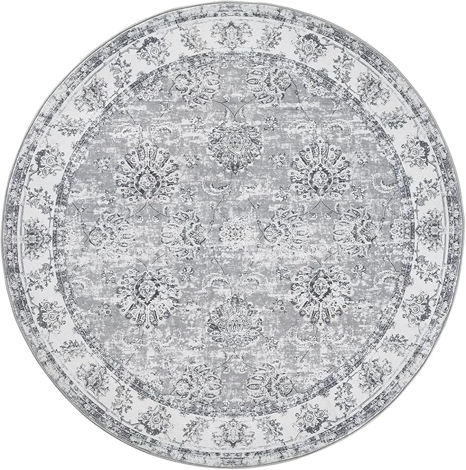 jinchan Fiora Round Rug 7ft Area Rug - Grey Vintage Floor Mat Indoor Ultra-Thin Soft Floral Print - Washable Circle 7' Retro Accent for Farmhouse Non Slip Dining Room Living Room Bedroom Office