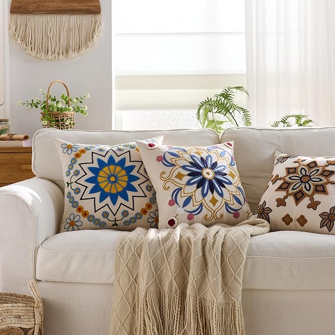Embroidered Throw Pillow Cover 22x22 Classic Boho Floral Pattern Pillows Cover Outdoor Decorative Pillowcase,Durable Cozy Textured Cushion Case for Sofa Couch Bed Living Room,Blue Orange