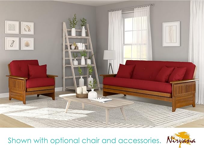 Nirvana Futons Brentwood Tray Arm Futon Sofabed Set - Full Frame, 8" Thick Red Mattress, Rich Heritage Finish