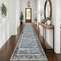 KUTA Vintage Washable Long Hallway Runner Rug, 2.6x16 Blue Grey Beige Non-Slip Kitchen Rugs Ultra Thin Soft Printed Distressed Oriental Floral Floor Carpet for Laundry Bedroom Living Room Nursery