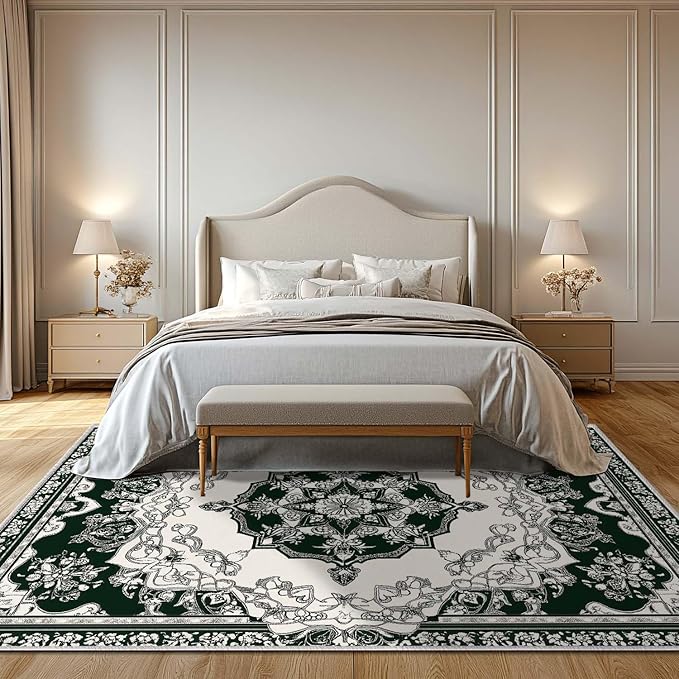 5x7 Traditional Oriental Area Rug Black White Dark Green Rug Non Slip Low Pile Large Carpet for Home Kitchen Living Room Bedroom Dining Room Office