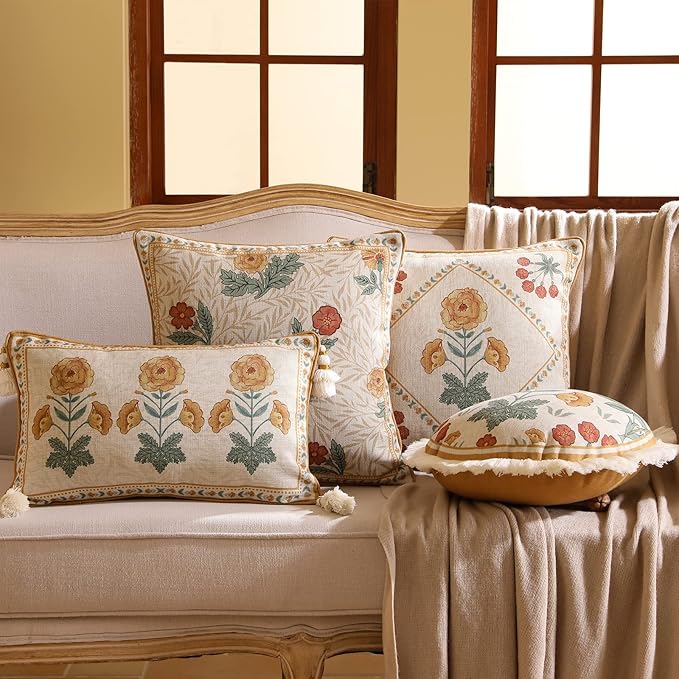 patdrea Designer Square Throw Pillow Covers for Couch 18"x18",Vintage French Linen Pillows Cover with Daisy Floral Pattern,Beige Luxury Farmhouse Decorative Cushion for Bed,Living Room,Outdoor